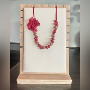 Girls Beaded Necklace with Flower, Approx 17 in, Red/Gold